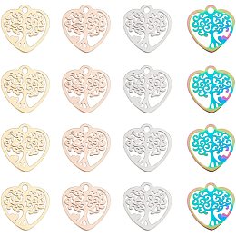 DICOSMETIC 16pcs 4 Colors 304 Stainless Steel Heart Tree Charms Tree of Life Pendants Family Tree Charms Hollow Plant Pendants for Necklace Bracelet Jewelry Making,Hole:1.8mm