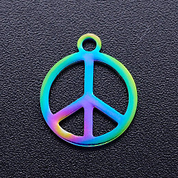 Honeyhandy Ion Plating(IP) 304 Stainless Steel Charms, Peace Sign, Rainbow Color, 14x12x1mm, Hole: 1.5mm