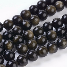 Arricraft Natural Golden Sheen Obsidian Beads Strands, Round, 10mm, Hole: 1mm, 19pcs/strand, 8 inches