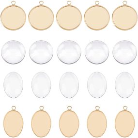 UNICRAFTALE 20 Sets Flat Round & Oval Pendant Blanks with Glass Cabochons 16-18mm Bezels Blank Charm Stainless Steel Charms Pendant Cabochon Settings for DIY Jewelry Making, Golden