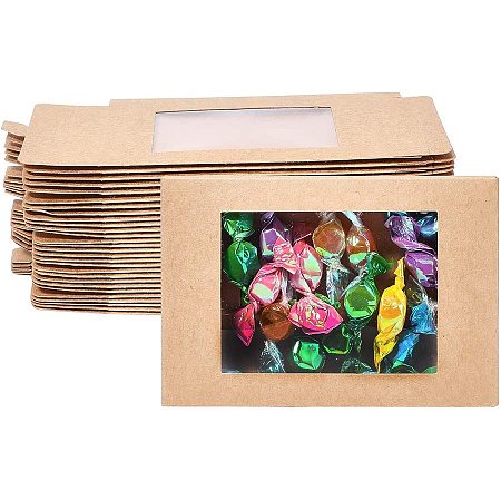 Foldable Creative Kraft Paper Box, Wedding Favour Boxes, Paper Gift Box, with Clear Window, Rectangle, Camel, Box: 125x85x15mm, Unfold: 19.6x10cm; Window: 8x6cm, 30pcs/set