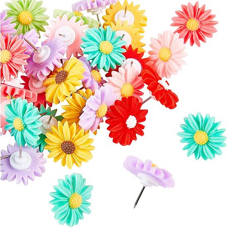 Iron Map Pins, with Resin Daisy,  Drawing Push Pins, for Office & School Supplies, Mixed Color, 26x10.5mm; 35pcs/box