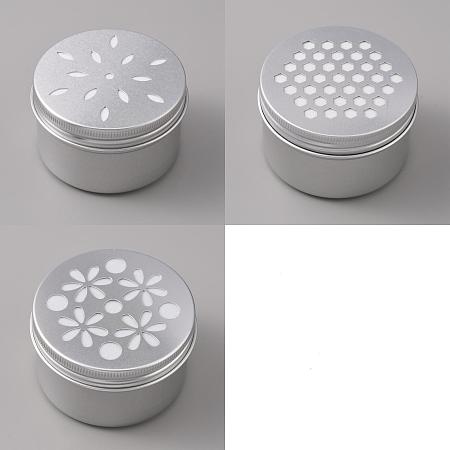PandaHall Elite 12Pcs 3 Style Aluminium Shallow Round Candle Tins, with Hollow Lids, Empty Tin Storage Containers, Hexagon/Flower Pattern, Silver, 7.1x4.25cm, Inner Diameter: 6.4x4.1cm, 4pcs/style