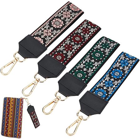 WADORN 4 Colors Keychain Wristlet Lanyard, Ethnic Style Webbing Wristlet Flower Pattern Purse Hand Wrist Strap Wallet Key ID Badge Holder for Men Women Key Fob Clutch Finger Strap, 10x2 Inch