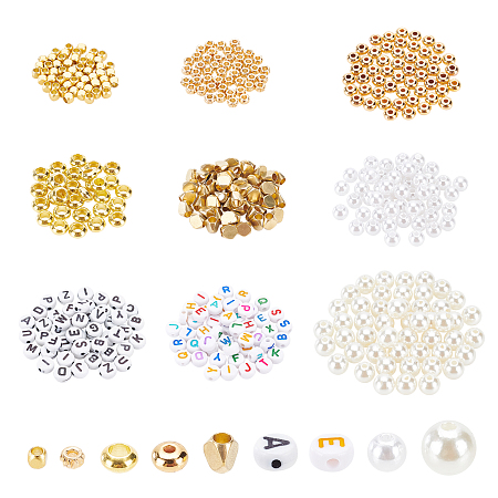 Arricraft About 430 Pcs Jewelry Making Beads Kit, 9 Styles Includes Brass Spacer Beads Acrylic Letter Beads and Pearl Acrylic Beads for Jewelry Making Bracelets Necklaces DIY Crafts