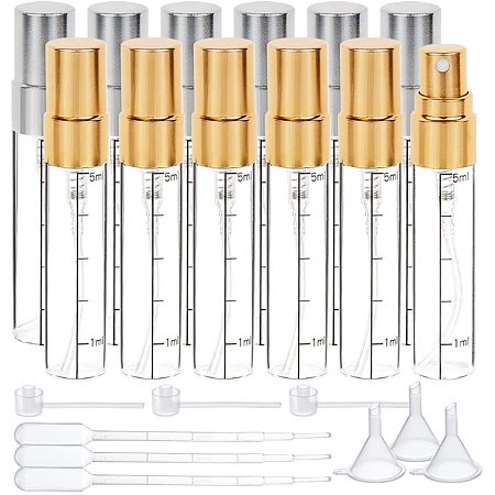 BENECREAT 12 Packs 5ml Mini Glass Perfume Bottle Fine Mist Spray Bottle with Scale, Hoppers and Pipettes for Perfume, Fragrance and Essential Oil - Silver and Gold Pump