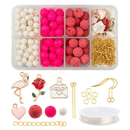Arricraft DIY Jewelry Set Making Kits for Valentine's Day, Including Round Natural Lava Rock Beads, Alloy Enamel Pendants, Iron Earring Hooks & Jump Rings & End Chains, Brass Eye Pin and Elastic Crystal Thread, Mixed Color, Beads: 210pcs/box