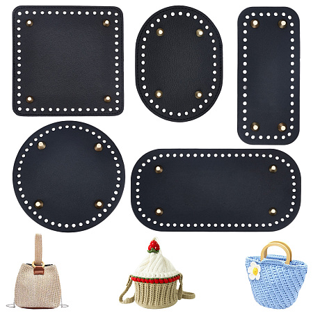 PandaHall Elite 5Pcs 5 Style PU Leather Knitting Crochet Bags Nail Bottom Shaper Pad, with Alloy Nail, for Bag Bottom Accessories, Mixed Shapes, Black, 11.5~25x8~15x0.35~1.05cm, Hole: 4.5~5mm, 1pc/style