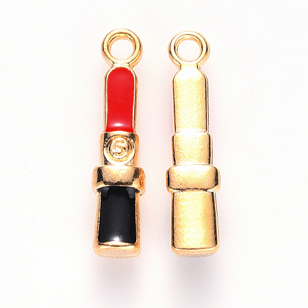 Honeyhandy Alloy Enamel Pendants, Makeup Pendants, Lipstick, Light Gold, Red, 19x4x3mm, Hole: 1.6mm