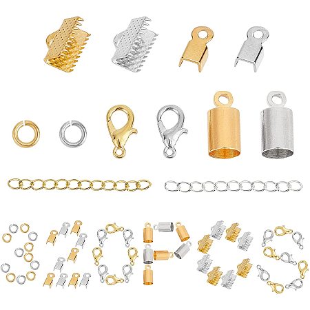 SUNNYCLUE 1 Box 320Pcs 4 Styles Cord End Clasp Crimp Ends Ribbon Crimp End Fold Over Lobster Claw Clasp Extender Chains Jump Rings for Bracelets DIY Crafts, Golden Silver