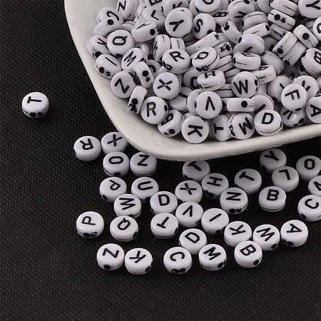 NBEADS 500g Acrylic Beads, Alphabet Style, Various Letters, Flat Round, Size: about 7mm in diameter, 3mm thick, hole: 1.5mm, about 4060pcs/500g.
