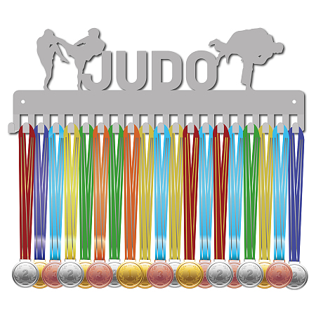 CREATCABIN Fashion Iron Medal Hanger Holder Display Wall Rack, 20 Hooks, with Screws, Word Judo, Sports Themed Pattern, 141x400mm, Hole: 5mm
