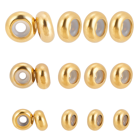 DICOSMETIC 30Pcs 3 Sizes Stainless Steel Flat Round Beads Rondelle Slider Spacer Beads Stopper Beads with Rubber Inside Slider Beads for DIY Bracelet Necklace Jewelry Making