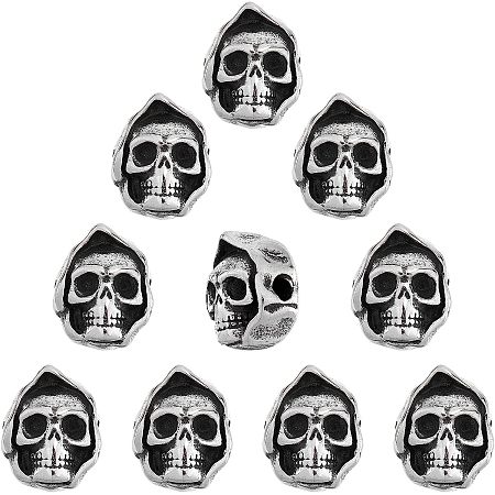 DICOSMETIC 10Pcs Skull Head Beads Stainless Steel Hooded Skull Beads Antique Skull Shaped Loose Spacer Beads Halloween Themed 2mm Large Hole Vintage Boho Skull Beads for Jewelry Making