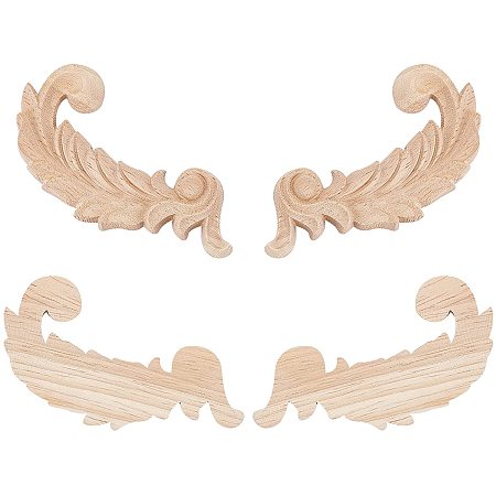 SUPERFINDINGS 4pcs Rubber Wood Carved Applique Onlay Furniture Feather Unpainted Decoration Wood Carved Decoration Appliques for Front Door Cabinet Decoration, 84x45x6.5mm