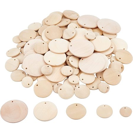 NBEADS 96 Pcs 5 Sizes Natural Wood Circles Small Wooden Tags Unfinished Round Wood Slices Circles Chips Pendants with Holes Round Wooden Disks for Craft DIY Painting Party Birthday Decoration