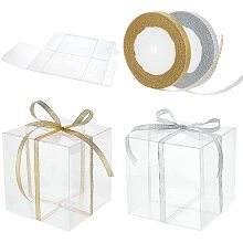 BENECREAT 10Pcs 6x6x6" Clear Plastic Party Favor Box with 2 Rolls 50 Yards Gold and silver Giltter Ribbon for Wedding Birthday Candy Choclate Presents