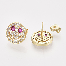 Honeyhandy Brass Micro Pave Cubic Zirconia Stud Earrings, with Ear Nuts, Smiling Face, Clear & Fuchsia, Real 18K Gold Plated, 12mm, Pin: 0.7mm