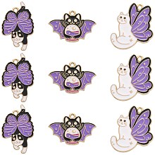 15Pcs 3 Styles Alloy Enamel Pendants, Light Gold, Cat/Bat Charms, Purple, 20~30.5x20~28.5x1.3~1.5mm, Hole: 2mm, 5pcs/style