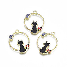 Honeyhandy Alloy Enamel Pendants, Cadmium Free & Lead Free, Flat Round with Cat, Black, 28x22x2mm, Hole: 1.8mm