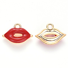 Honeyhandy Alloy Enamel Pendants, Makeup Pendants, Lip Shape, Light Gold, Red, 13x18x3mm, Hole: 2mm