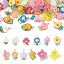 PandaHall Elite 48Pcs 12 Styles Translucent Resin Pendants, Glitter Flower Charms, with Platinum Tone Iron Loops, Mixed Color, 18~23x13~17x6~8mm, Hole: 2mm, 4pcs/style