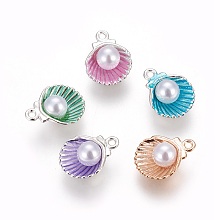 Honeyhandy Alloy Enamel Pendants, with Acrylic Pearl Beads, Shell, Mixed Color, 15x11.5x7mm, Hole: 1.4mm