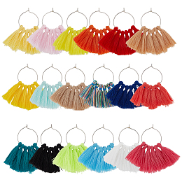 BENECREAT 18Pcs 18 Colors Polycotton Tassel Fan Shape Wine Glass Charms, Goblet Marker, with Brass Wine Glass Charm Rings, Mixed Color, 60mm, 1pc/color