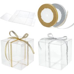 BENECREAT 10Pcs 6x6x6" Clear Plastic Party Favor Box with 2 Rolls 50 Yards Gold and silver Giltter Ribbon for Wedding Birthday Candy Choclate Presents