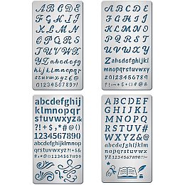 BENECREAT 4PCS 4x7 Inch Alphabet Number Metal Stencils 4 Style Steel Stencil Template for Wood Carving, Drawings and Woodburning, Engraving and Scrapbooking Project