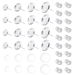 UNICRAFTALE 40 Sets 6/8/10/12mm Silver Flat Round Stud Earrings Making Kit 304 Stainless Steel Stud Earring Findings with Ear Nuts Half Round Glass Cabochons Earring Components for Jewelry Making