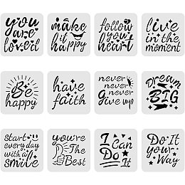 BENECREAT 12PCS Word Pattern Plastic Drawing Templates 8x8 Inches Word Painting Template Stencil for Scrabooking Card Making, DIY Wall Floor Decoration