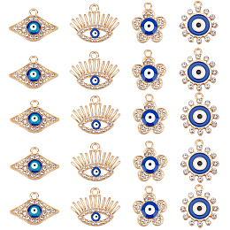 SUPERFINDINGS 40Pcs 4 Style Alloy Enamel Pendants, with Crystal Rhinestone, Light Gold, Cadmium Free & Lead Free, Evil Eye, Light Gold, Blue, 14.5~19x15~21.5x2~3mm, hole: 1.6~2mm, 10pcs/style