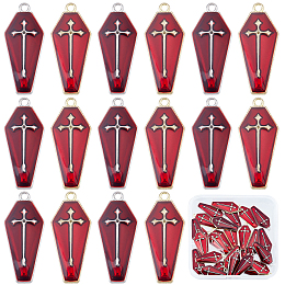 SUNNYCLUE 30Pcs 2 Colors Halloween Theme Alloy Enamel Pendants, Coffin with Cross, Mixed Color, 25.5x11x1.5mm, Hole: 1.6mm, 15pcs/color