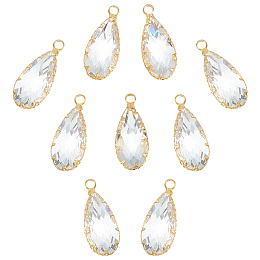 BENECREAT 10Pcs 18K Gold Plated Brass Glass Charm Pendants, Faceted Drop Teardrop Shape Charms for Jewelry Making DIY Accessories, 24x10.5x5mm