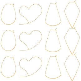 BENECREAT 16Pcs 4 Style Real 14K Gold Plated Large Geometric Earring Hooks, Heart & Egg & Polygon & Fan Brass Hoop Earrings Findings Thin Ear Wires for DIY Dangle Earrings Jewelry Making