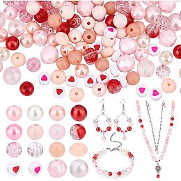 PandaHall Elite 480pcs Pink Acrylic Beads, 16 Style 6mm 8mm 10mm Transparent Crackle Bead Round Loose Beads Spacers Flat Round Heart Beads for Valentine Boho Bracelets Necklaces Jewelry Making Christmas