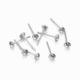 Honeyhandy 304 Stainless Steel Post Stud Earring Settings For Half Drilled Beads, Stainless Steel Color, 14x4mm, trayr: 3.5mm, Pin: 0.8mm