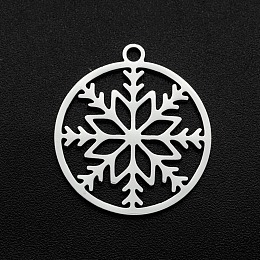 Honeyhandy Christmas 201 Stainless Steel Pendants, Laser Cut, Ring with Snowflake, Stainless Steel Color, 22x20x1mm, Hole: 1.6mm