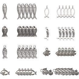 SUNNYCLUE 1 Box 80Pcs 8 Styles Fish Charms Bulk Tibetan Style Fishbone Goldfish Hollow Sea Ocean Animal Alloy Pendants Antique Silver Plated for Jewelry Making Charms DIY Bracelets Supplies