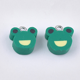 Honeyhandy Handmade Polymer Clay Charms, with Iron Findings, Frog, Platinum, Green, 11~14x8~12x4~5mm, Hole: 1.8mm