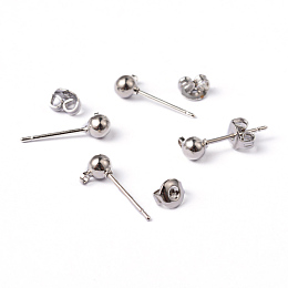 Honeyhandy Platinum Color Brass Post Earring Findings, with Loop, 15x6mm, Hole: 1mm, Ball: 4mm, Pin: 0.8mm