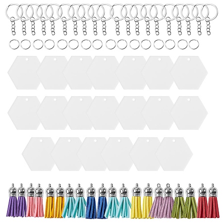 DIY Tassel Keychain Making Kit, Including Iron Jump Rings & Split Key Rings, Hexagon Acrylic Blank Big Pendants, Faux Suede Tassel Pendant Decorations, Mixed Color, Key Rings: 55x27.5x2mm, 20pcs/box