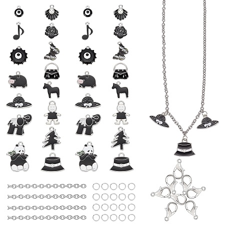 SUNNYCLUE DIY Charm Bracelet Making Kits, Include 304 Stainless Steel Cable Chains, Mixed Shapes Alloy Enamel Pendants, Alloy Lobster Claw Clasps and Iron Jump Rings, Black, Cable Chains: 5x4x1mm, 2m/box, Pendant: 30pcs/box