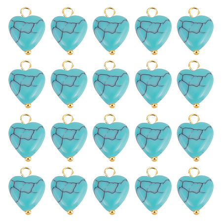 Arricraft 50Pcs Synthetic Turquoise Pendants, Heart Charm, with Golden Tone Brass Ball Head Pins, 14x10x5mm, Hole: 2mm