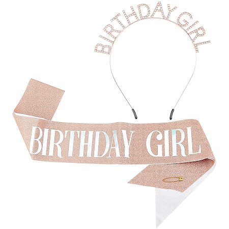 AHANDMAKER Birthday Girl Sash & Rhinestone Tiara Set, Birthday Gifts Birthday Sash Safetty Pin for Women Fun Party Favors Birthday Party Supplies(Gold Glitter with Rose Gold Lettering)