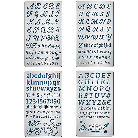 BENECREAT 4PCS 4x7 Inch Alphabet Number Metal Stencils 4 Style Steel Stencil Template for Wood Carving, Drawings and Woodburning, Engraving and Scrapbooking Project