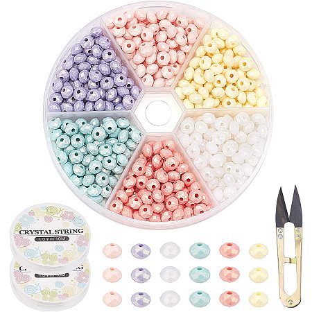 SUPERFINDINGS 540Pcs 6 Colors Acrylic Faceted Rondelle Beads Spray Painted Acrylic Beads with 20m Elastic Crystal Thread and 1Pc Sharp Steel Scissors for Jewelry Making,Hole:1.6mm
