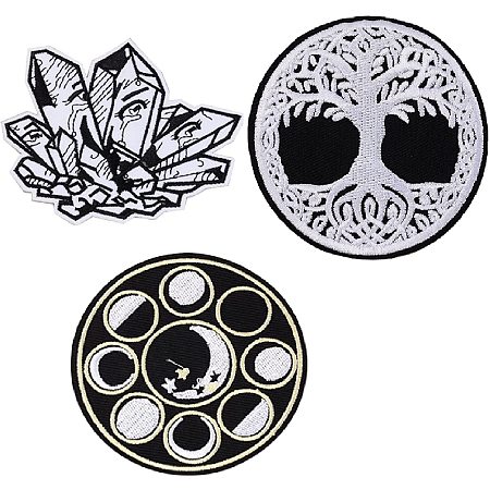 GORGECRAFT 3PCS Moon Phase Patches Tree of Life Iron On Patch Yggdrasil Crystal Embroidered Fabric Appliques Sew On Stickers for Clothing Bags, Hats, Embroidery Arts Crafts