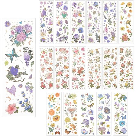 GLOBLELAND 18 Sheets PET Transparent Flower and Butterfly Stickers Floral Decorative Self-Adhesive Scrapbooking Stickers for Journal, Card Making, Letters, Album, Planners